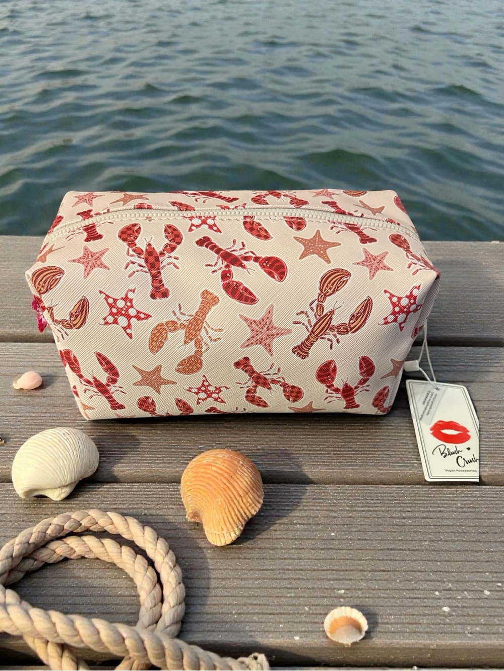 Beach Lobster Starfish Print Cosmetic Bag - Peach with Coral Accents